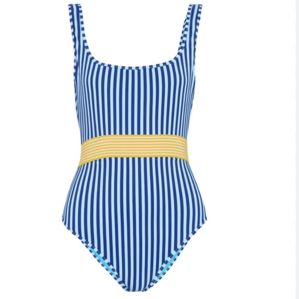 Diane Von Furstenberg Blue striped swim suit with belt